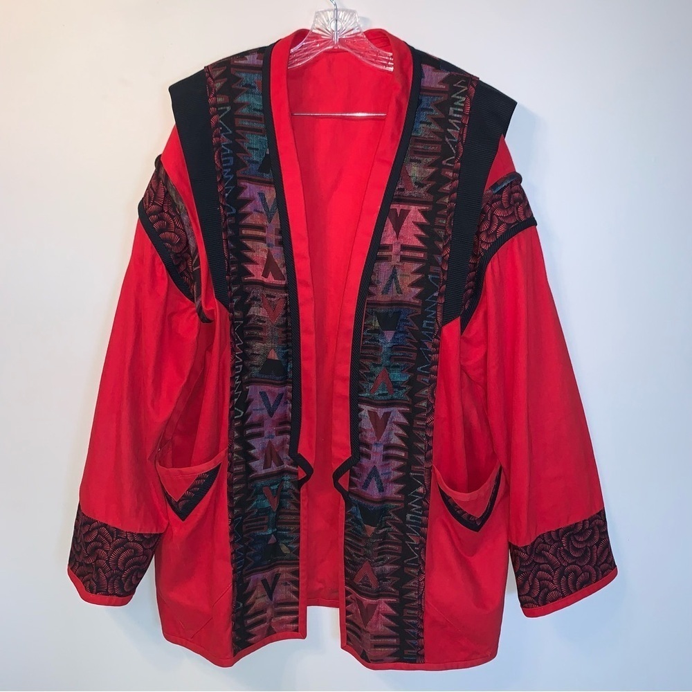 Vintage Handmade Red Black Multi Colour Open Front Jacket